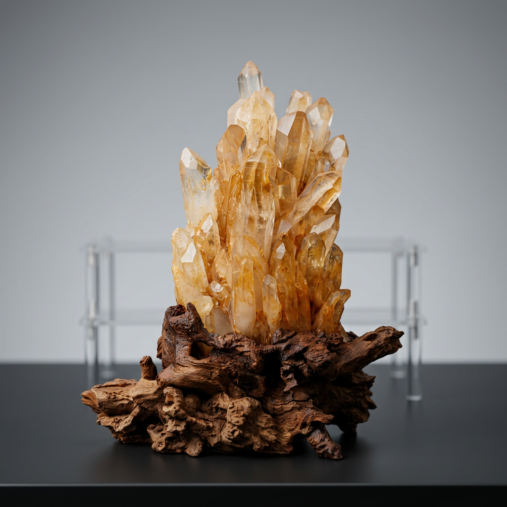 Raw Golden Quartz Crystal Cluster on Natural Wood Base