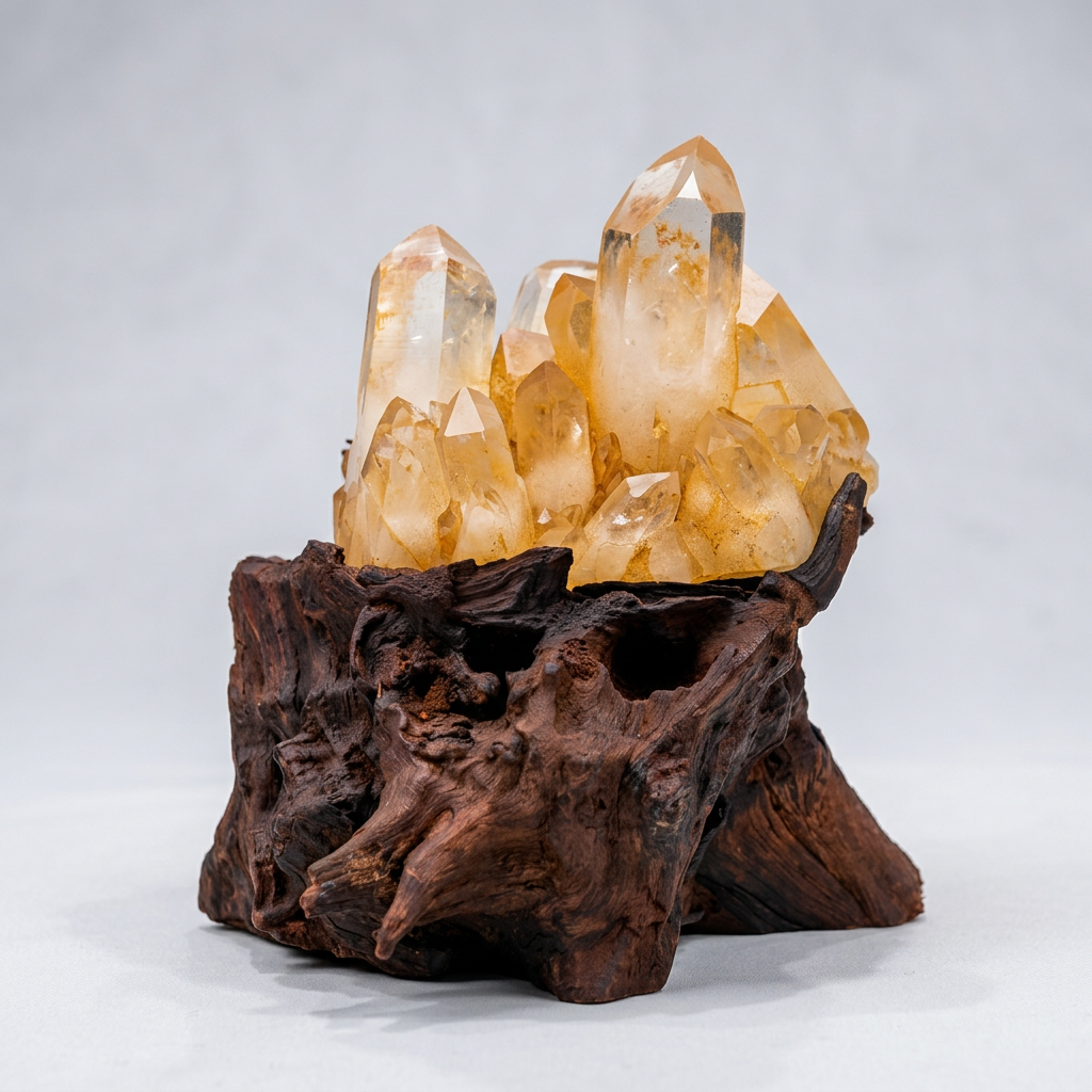Side Angle - Golden Quartz Cluster in Carved Wood Base