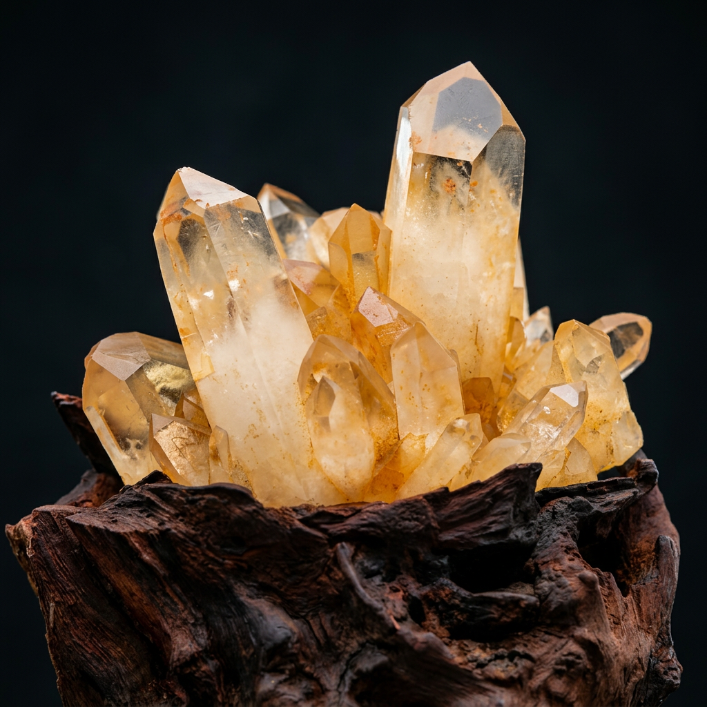 Close-up Detail - Golden Quartz Cluster in Carved Wood Base