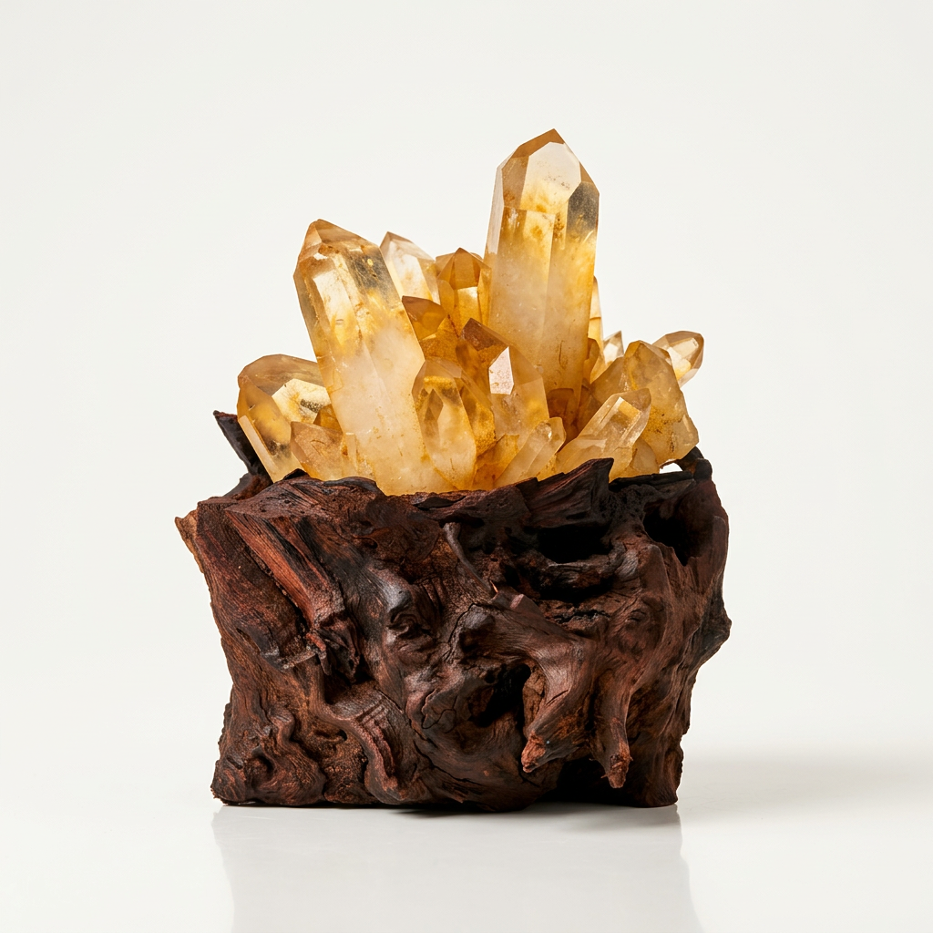 Front View - Golden Quartz Cluster in Carved Wood Base
