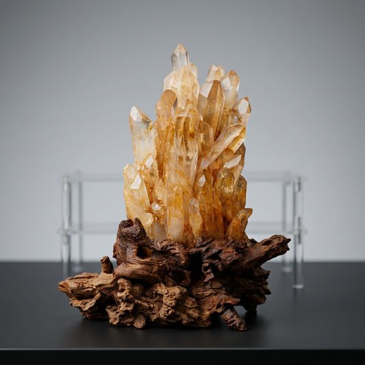 Raw Golden Quartz Crystal Cluster on Natural Wood Base